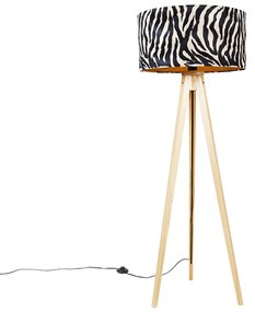 Vloerlamp hout met stoffen kap zebra 50 cm - Tripod Classic Klassiek / Antiek E27 rond Binnenverlichting Lamp