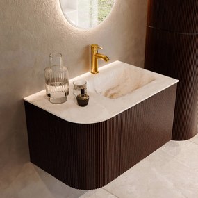Mondiaz Kurve-dlux 75cm badmeubel ronding links ruby met 1 lade en deur en wastafel grunne kraangat rechts frappe