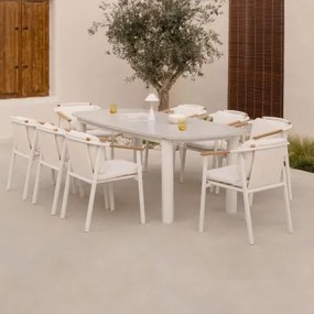 Rechthoekige Uitschuifbare Eettafel 220-280x100 Cm In Keramiek Zinti En 8 Tuinstoelen Van Aluminium En Bouclé Stof Yervin Zand Grijs - Sklum