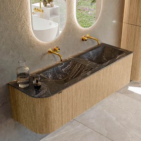 Mondiaz Kurve-dlux 145cm badmeubel ronding links oak met 1 lade en deur en wastafel leaf dubbel/rechts zonder kraangat lava