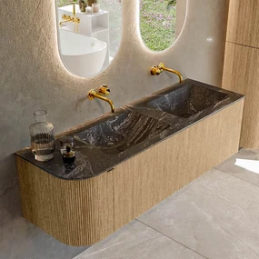 Mondiaz Kurve-dlux 145cm badmeubel ronding links oak met 1 lade en deur en wastafel leaf dubbel/rechts zonder kraangat lava