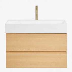 Ona Zwevend Badkamermeubelset Van Hout En Essenfineer Met Geïntegreerde Wastafel Natuurlijk Hout & Spiegelloze & Goud ↑20 Cm - Sklum