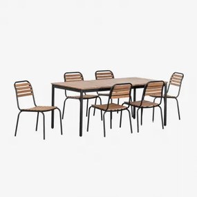 Rechthoekige Tafelset 160x90 Cm En 6 Stapelbare Eetkamerstoelen In Staal En Acaciahout Artus Zwart - Sklum