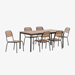 Rechthoekige Tafelset 160x90 Cm En 6 Stapelbare Eetkamerstoelen In Staal En Acaciahout Artus Zwart - Sklum