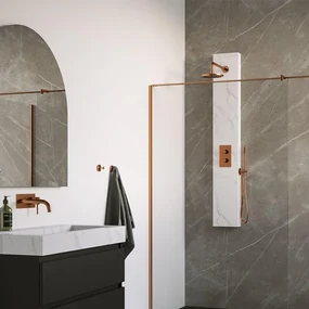 BRAUER Copper Edition thermostatisch douchepaneel - 2 functies - calacatta gold SET 01 - 20cm hoofddouche - gebogen muurarm - staaf handdouche - wandaansluitbocht - doucheslang - koper geborsteld PVD 5-GK-154