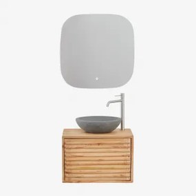 Deleyna Wandgemonteerde Houten Badkamermeubelset Natuurlijk Hout & Rond Grijs Cement Ø40 Cm Tarsis & Vierkant Led En Anticondens 75x75 Cm Tobie -