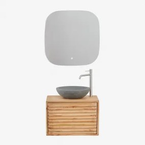 Hangend Badkamermeubelset 60x45 Cm In Hout Deleyna Natuurlijk Hout & Rond Grijs Cement Ø40 Cm Tarsis & Vierkant Led En Anticondens 75x75 Cm Riben -