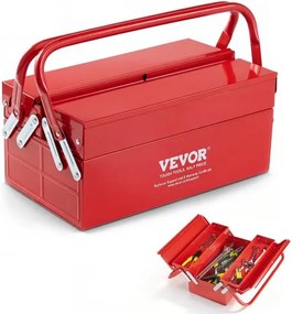VEVOR Gereedschapskist 355,6 x 200 x 165 mm, 2-laags, 3-compartimenten, gereedschapskist met handvat en slotgat, gepoedercoat staal, gereedschapskoffer voor huishouden, fabriek, magazijn, reparatiewerkplaats, rood