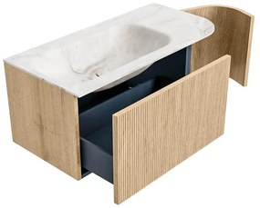 Mondiaz Kurve-dlux 95cm badmeubel ronding rechts oak met 1 lade en deur en wastafel big small links zonder kraangat frappe