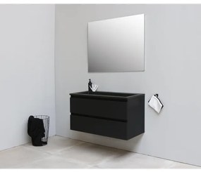 Basic Bella Badkamermeubelset - 100x55x46cm - 1 wasbak - Acryl - Zwart - 0 kraangaten - Wandspiegel zonder verlichting - Melamine Zwart mat SWGA100MZZ0SP