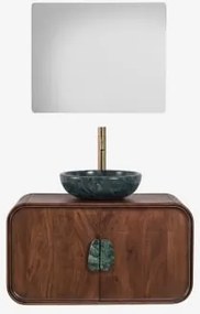 Hangend Badkamermeubelset 95x45 Cm Van Mangohout En Natuurlijke Kivalina-steen Rechthoekige Led En Anticondens 80x70 Cm Riben & Geborsteld Goud ↑30 Cm