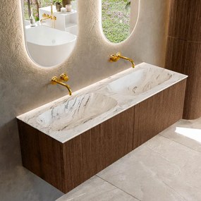 Mondiaz Kurve-dlux 140cm badmeubel walnut met 2 lades en wastafel stor small dubbel zonder kraangat glace