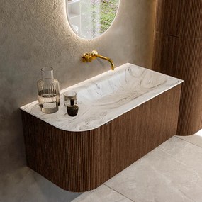 Mondiaz Kurve-dlux 95cm badmeubel ronding links walnut met 1 lade en deur en wastafel big small rechts zonder kraangat glace