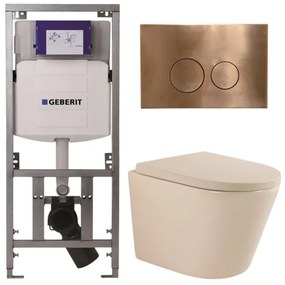 QeramiQ Dely Toiletset - 36.3x51.7cm - diepspoel - rimless - Geberit UP320 inbouwreservoir - softclose toilet zitting 35 mm - koperen bedieningsplaat - ronde knoppen - mat beige SW1000764/SW1000771/0701131/SW706196