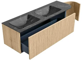 Mondiaz Kurve-dlux 145cm badmeubel ronding rechts oak met 1 lade en deur en wastafel leaf dubbel/links zonder kraangat lava