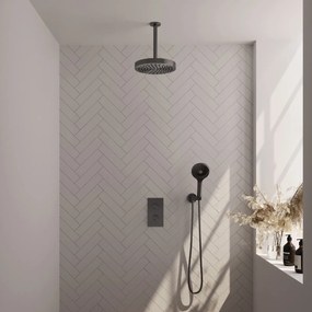 Brauer Stripe inbouw regendouche met 25cm hoofddouche, plafondarm en 3 standen handdouche set 18 gunmetal geborsteld PVD