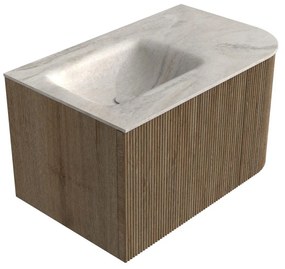 Mondiaz Kurve-dlux 75cm badmeubel ronding rechts dusk met 1 lade en deur en wastafel grunne links zonder kraangat ostra
