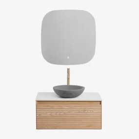 Tedrik Zwevend Badkamermeubelset Van Essenhout Ash Brown & Rond Grijs Cement Ø40 Cm Tarsis & Vierkant Led En Anticondens 75x75 Cm Riben & - Sklum