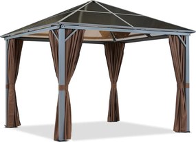 Milos tuinhuisje 3x3m met bruine gordijnen Tuinpunt