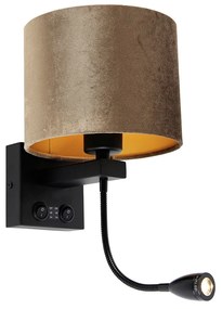 Wandlamp zwart met velours kap bruin 18cm - Brescia Klassiek / Antiek, Modern E27 rond Binnenverlichting Lamp