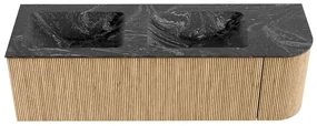 Mondiaz Kurve-dlux 145cm badmeubel ronding rechts oak met 1 lade en deur en wastafel leaf dubbel/links zonder kraangat lava
