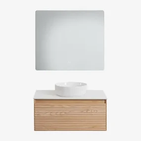 Tedrik Badkamermeubelset In Essenhout Ash Brown & Rond Keramiek Wit Ø40 Cm Lenka & Rechthoekige Led En Anticondens 80x70 Cm Gualar & Zonder Kraan -