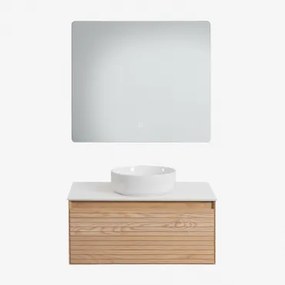 Tedrik Zwevend Badkamermeubelset 80x50 Cm In Essenhout Ash Brown & Rond Keramiek Wit Ø40 Cm Lenka & Rechthoekige Led En Anticondens 80x70 Cm Riben -