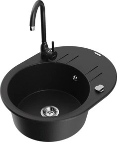 Mexen Kevin granieten gootsteen 1-kompartment met afdruiprek en keukenmengkraan Telma, zwart - 6517-77-670200-70