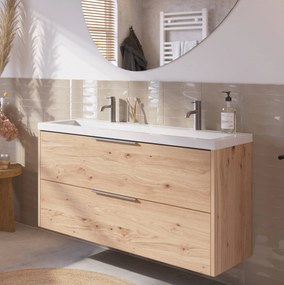 Saqu Lima ondiep badmeubel incl. glans witte wastafel met 2 kraangaten 120x40x64cm naturel eiken – rvs greep