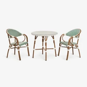 Brielle Bistroset Van Ronde Tafel 80 Cm En 2 Stapelbare Aluminium Tuinstoelen Met Armleuningen Groen – Kool - Gardenia Wit - Sklum