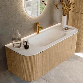 Mondiaz Kurve 120cm badmeubel ronding links/rechts oak met 1 lade en 2 deuren en wastafel big small midden 1 kraangat