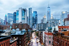 Foto Illuminated Manhattan Financial District skyscrapers seen, Alexander Spatari