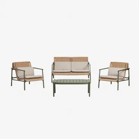 Tuinset Met 2-zitsbank, 2 Fauteuils En Salontafel Van Aluminium En Synthetisch Riet Duroli Groen – Intens Olijf - Sklum