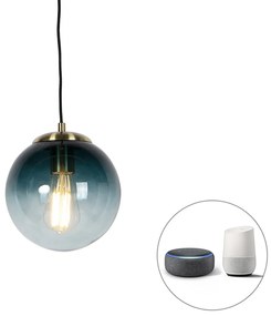 Smart hanglamp met dimmer messing met oceaanblauw glas 20 cm incl. Wifi ST64 - Pallon Art Deco E27 bol / globe / rond Binnenverlichting Lamp
