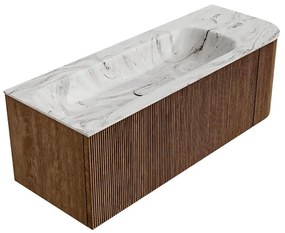 Mondiaz Kurve-dlux 125cm badmeubel ronding rechts walnut met 1 lade en deur en wastafel big medium links zonder kraangat glace
