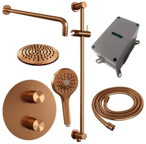 Brauer Copper Edition thermostatische inbouw regendouche met 3 standen handdouche, gebogen muurarm, glijstang en hoofddouche 20cm set 93 koper geborsteld PVD