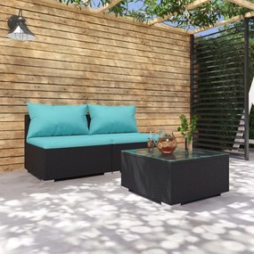 vidaXL 3-delige Loungeset met kussens poly rattan zwart