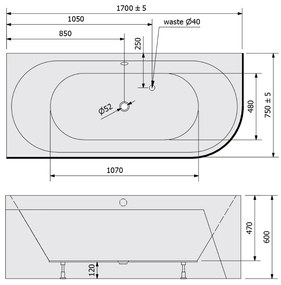 Polysan Monolith ligbad links 170x75x60cm wit