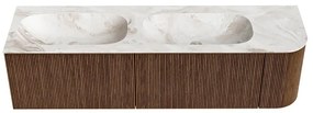 Mondiaz Kurve-dlux 165cm badmeubel ronding rechts walnut met 2 lades en 1 deur en wastafel stor small dubbel/links 2 kraangaten frappe