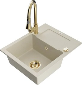 Mexen Enzo granitische spoelbak met 1 bak en afdruiprek en keukenmengkraan Elia, beige - 6506-69-670101-50