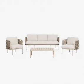 Tuinset Met 3-zitsbank, 2 Stoelen Van Gevlochten Touw Tevary En Salontafel Van Aluminium Boleni Tela Beige Tapioca - Sklum