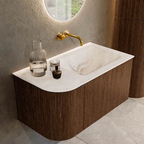 Mondiaz Kurve-dlux 85cm badmeubel ronding links walnut met 1 lade en deur en wastafel cloud rechts zonder kraangat frappe