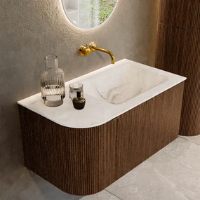 Mondiaz Kurve-dlux 85cm badmeubel ronding links walnut met 1 lade en deur en wastafel cloud rechts zonder kraangat frappe