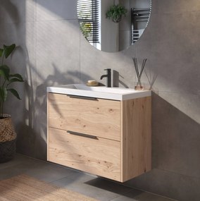 Saqu Lima ondiep badmeubel incl. glans witte wastafel 80x40x64cm naturel eiken – mat zwarte greep