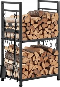 VEVOR Haardhoutrek, 455 x 330 x 765 mm, 2-laags haardhouthouder met haardgereedschap, borstel, schep, pook, tang, haardhoutrek, draagvermogen 181 kg, haardhoutrek voor open haard