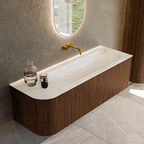 Mondiaz Kurve-dlux 135cm badmeubel ronding links walnut met 1 lade en deur en wastafel big medium rechts zonder kraangat ostra