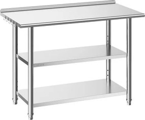 VEVOR Gasto werktafel 1219x610x864 mm, roestvrijstalen tafel met 3 niveaus, opstaande rand en in hoogte verstelbare schappen. Draagvermogen: blad 245 kg en 2 onderste schappen 204 kg elk. Voorbereidingstafel voor restaurants.