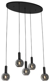 Eettafel / Eetkamer Art Deco hanglamp zwart met smoke glas ovaal 5-lichts - Josje Art Deco E27 Binnenverlichting Lamp