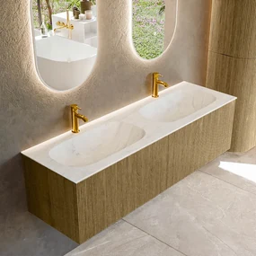 Mondiaz Kurve-dlux 150cm badmeubel dusk met 2 lades en wastafel stor small dubbel 2 kraangaten opalo