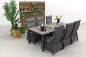 Darwin/Kings 6-persoons wicker verstelbare tuinset 220x100 cm. - Antraciet/Houtlook